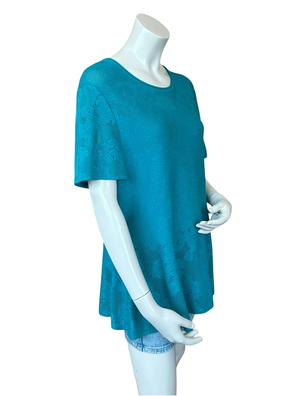 St. John Boutique Teal Jacquard Short Sleeve Peplum Paisley Blouse Size XL - Picture 6 of 11